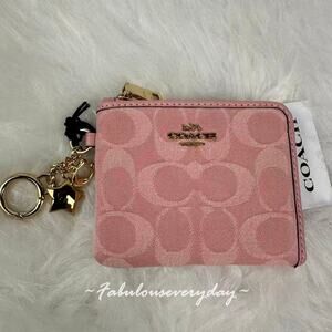 Coach Small Corner Zip Wallet In Signature Denim With Charms Light Pink CEU98